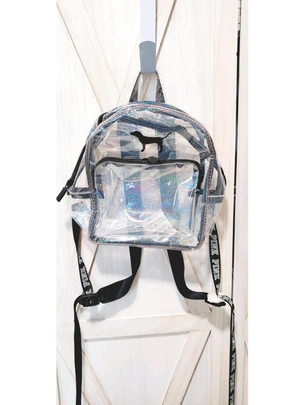 Victoria's Secret PINK Clear Mini Backpack with Dog Logo and Holographic Sparkle